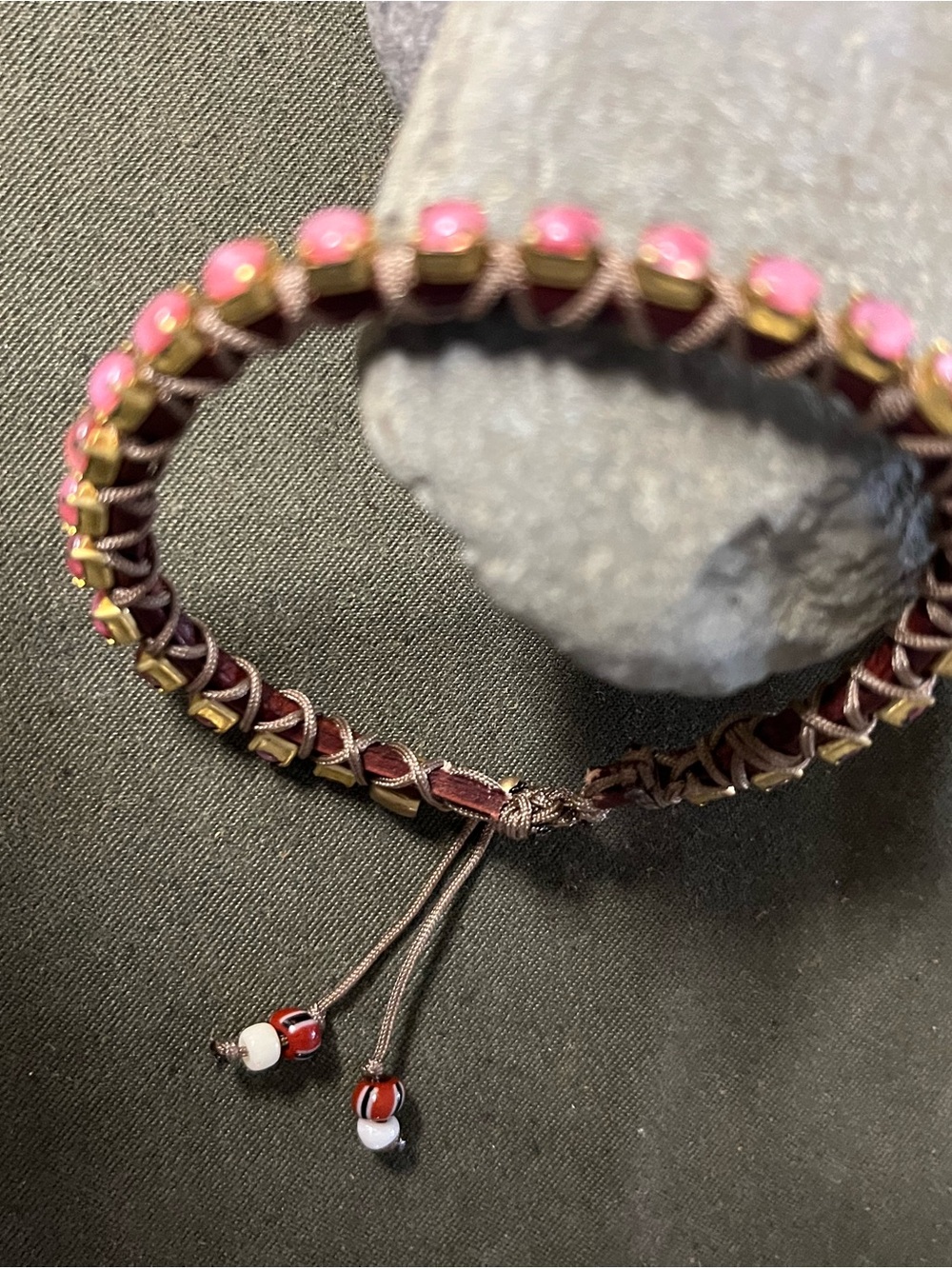 Handcrafted Pink Bead and Brown leatherCord Wrap adjustableBracelet